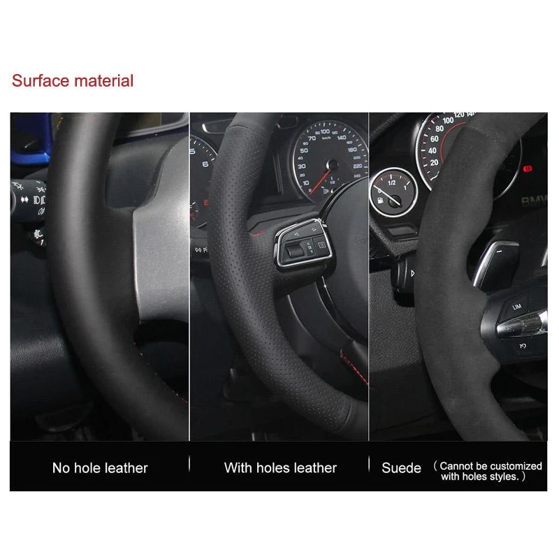 

DIY Hand-Stitched Black Genuine Leather Red Suede Car Steering Wheel Cover for BMW E90 320i 325i 330i 335i New Pattern Interior