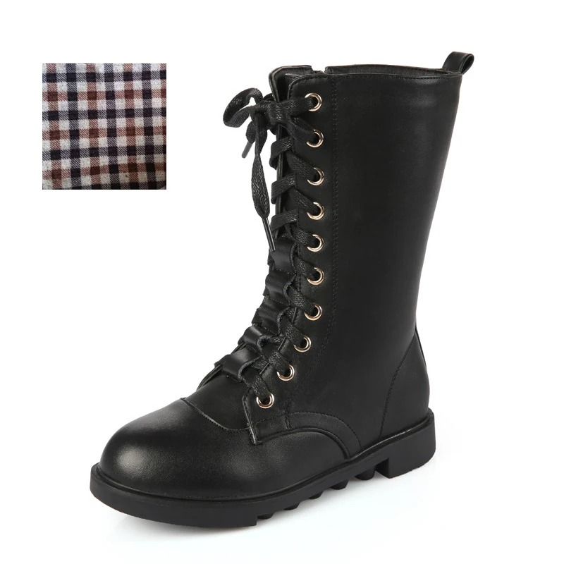 Black single boots Детские зимние плюшевые высокие сапоги; кожаные зимние сапоги для девочек; цвет черный, белый, красный; Дизайнерские Сапоги принцессы для девочек-подростков; Размеры 26-39 - Цвет: Black single boots