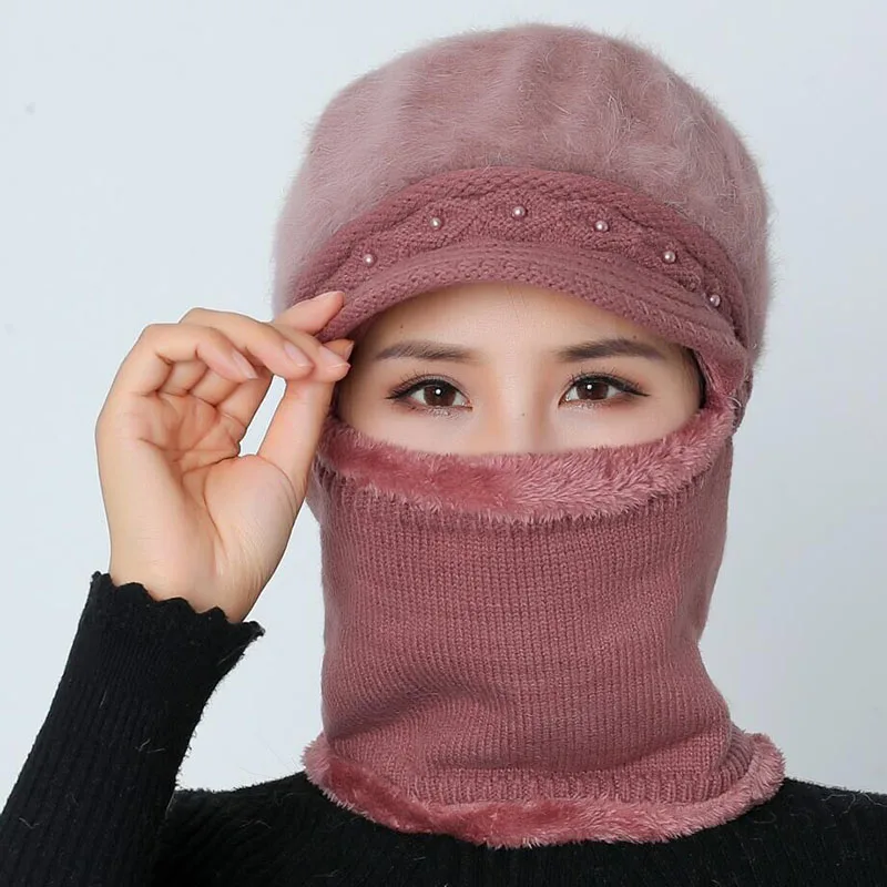Высококачественные зимние шапки для женщин Skullies Beanie cap шляпки из шерсти набор теплая маска Gorras шапка из кроличьего меха Вязаная Шапка