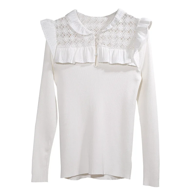 

Gezelligheid 2021 Early Autumn Runway New French Solid Color Lace Hollow Sexy Knitting Sweater Long Sleeve Slim Women White Top