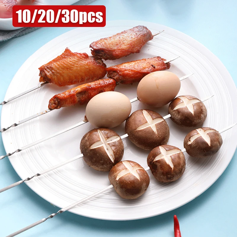

10/20/30pcs Barbecue Skewers Reusable Flat Stainless Steel Skewer BBQ Needle Stick For Outdoor Camping Tools Kitchen Accessories