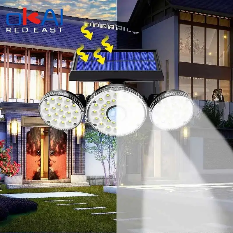 Уличная Светодиодная лампа с 3 головками и датчиком движения широкоугольное