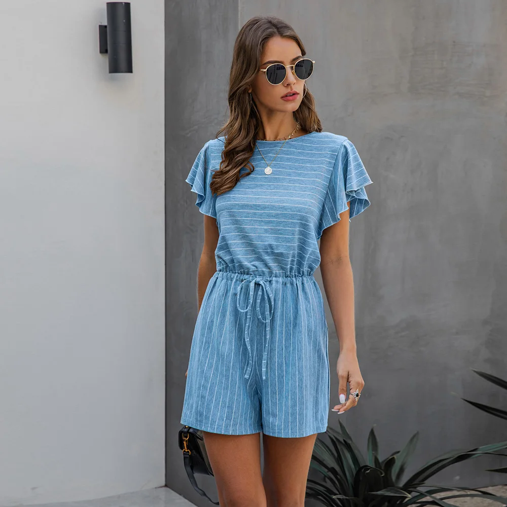 

Лето 2021, эластичные женские цельные шорты в полоску с рукавом лотоса, женская футболка с круглым вырезом, свободные шорты в стиле ретро