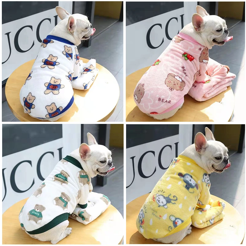 

Autumn winter dog clothes with soft fleece warm cat dog hoodie Strawberry Bear print for small dogs puppy costume teddy