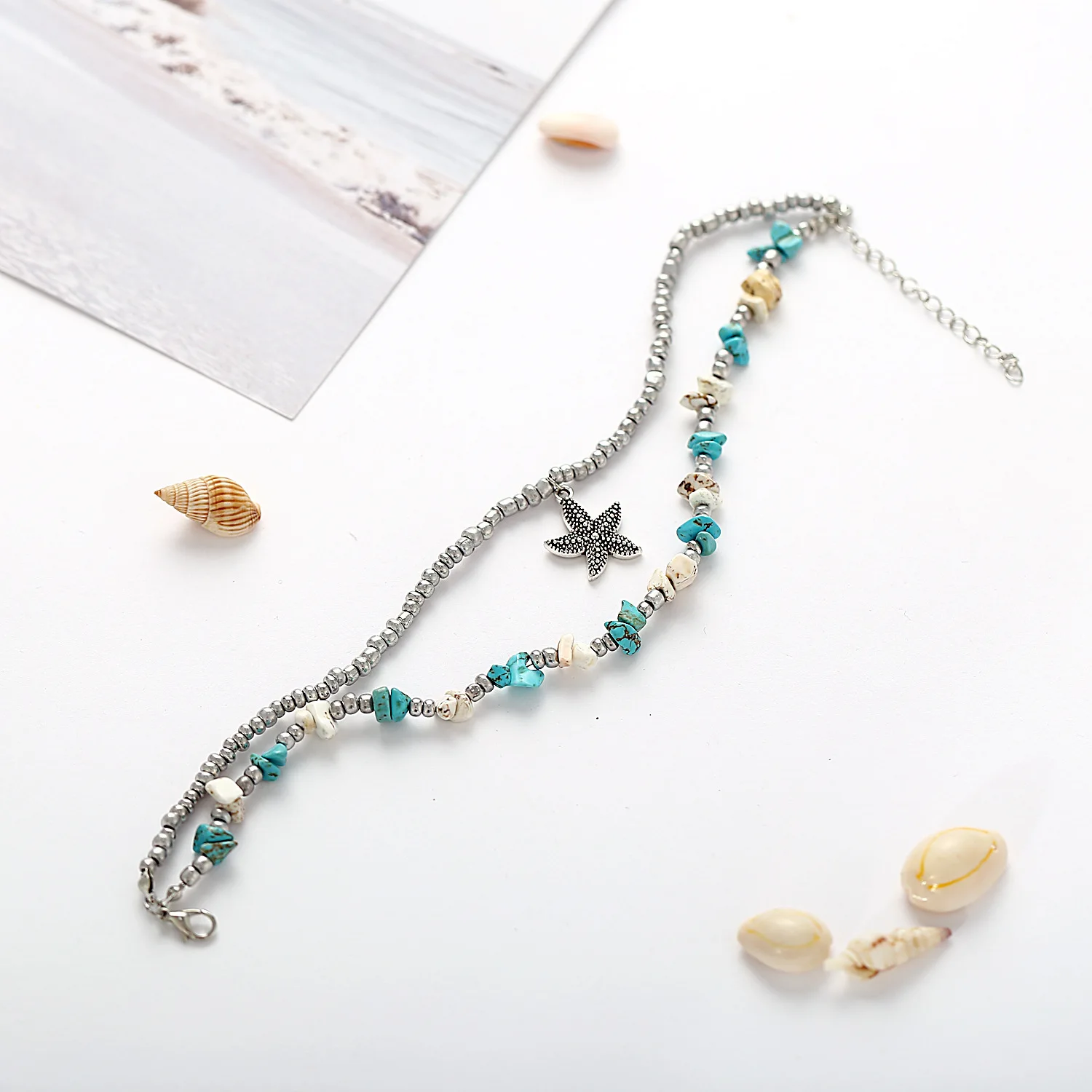 NPKDS богемный Хрустальный двойной пляжный браслет для ног ракушка морская звезда