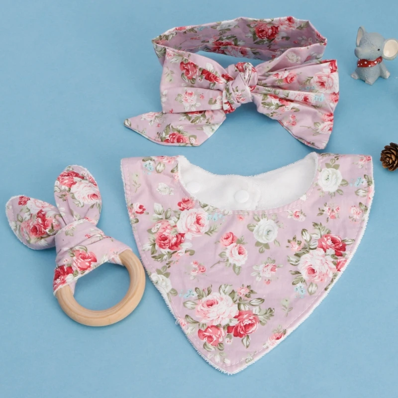

1 set Baby Rabbit Ears Teether Cotton Bibs Headband Infant Saliva Towel Care Set