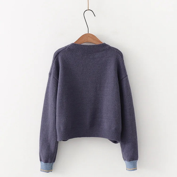 

Korean Pullover Sweater Women Long Sleeve O-neck Causal Knitted Top Jumpers Cartoon Appliques Sweet Pull Femme Cotton Polyester