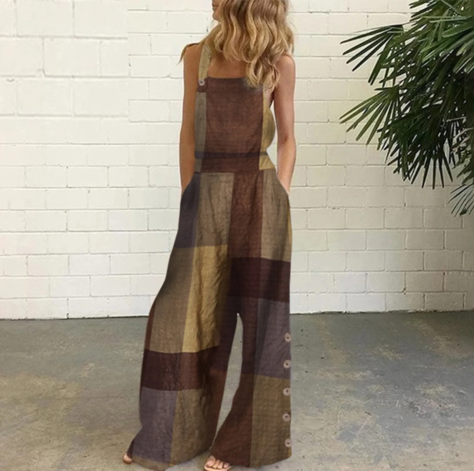 

Summer Women Solid Jumpsuits Fashion Sleeveless Backless Strap Bodysuit Elegant Casual Button Pockets Cotton and Linen Playsuits