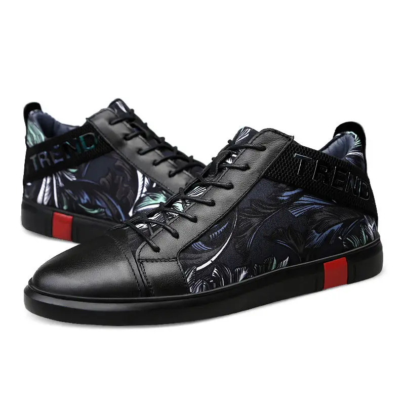 

New leather high-top sneakers men's personality fashion casual leather shoes high-top plus velvet thick warm cotton shoes