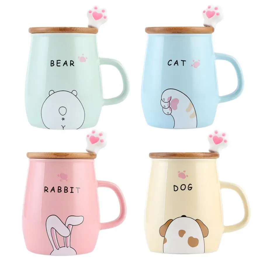 Кружка для напитков 420 мл мультяшная чашка кошек с крышкой ложка милый завтрак