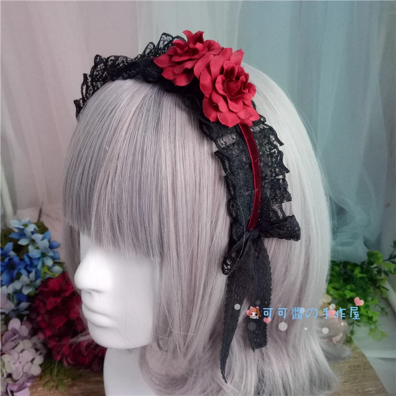 

Gothic Lolita Campire Red Rose hairpin Bow Lace Headwear Ornament Cosplay maid Hand band Comic con Hair accessories