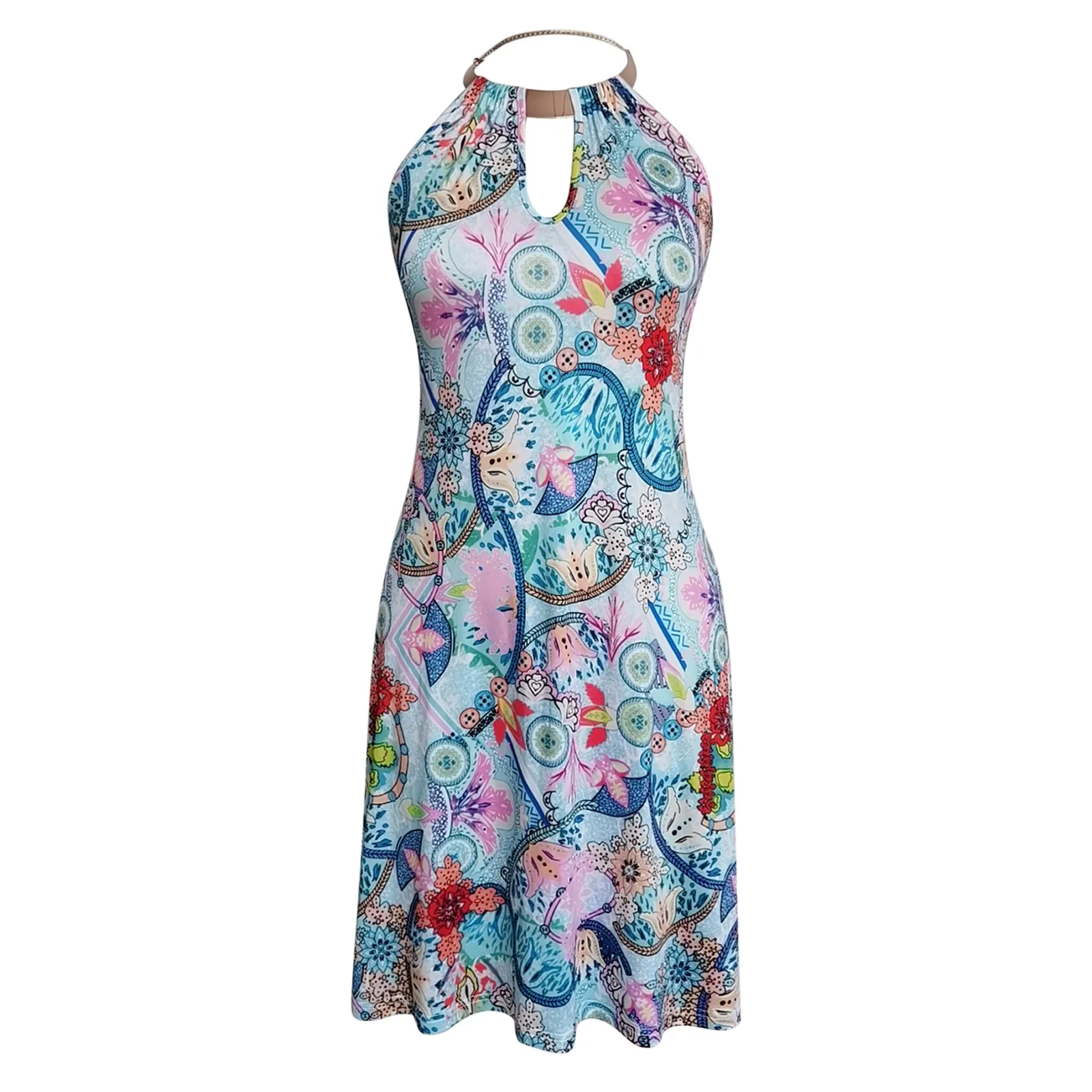 

Summer Fashion Halter Off Shoulder Sleeveless Print Mini Dresses 2021 Women Sexy Hollow Out Loose Beach Dress