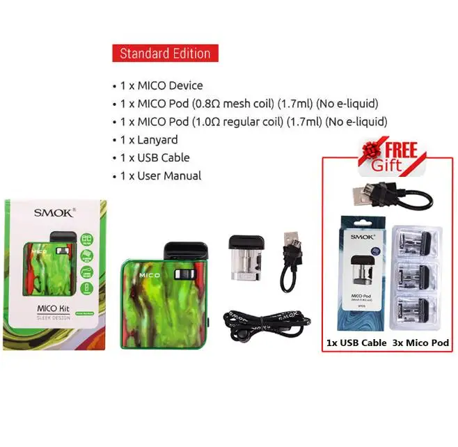 Распродажа! набор SMOK Mico, зажигалка, 700 мА/ч, батарея, электронная сигарета, анти-протекание, мини, электронная сигарета, ручка Pod, катушка VS NORD JC01 - Цвет: Green 2 Gifts