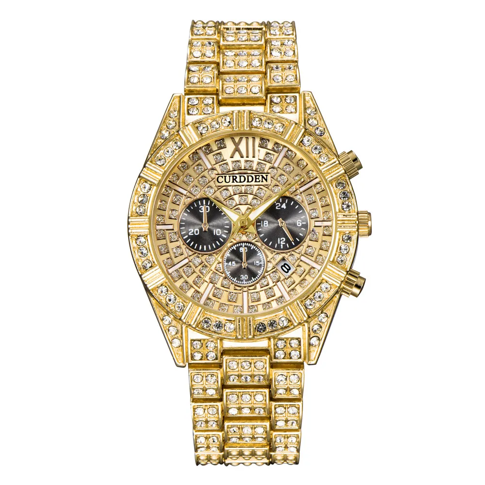 

Top Brand Luxury Men Alloy Wrist Watches Diamond Full Watches Calendar Business Watches Stainless Steel Clock Relogio Masculino