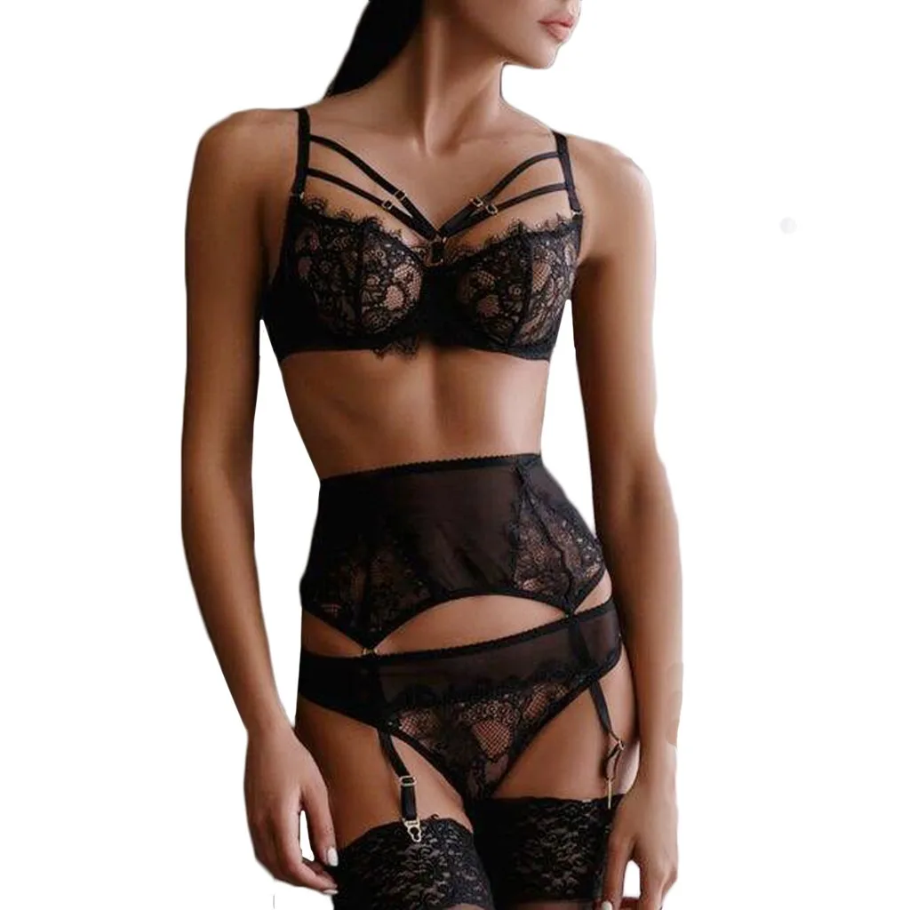 Женский сексуальный кружевной бюстгальтер на косточках бандаж для пижамы черное