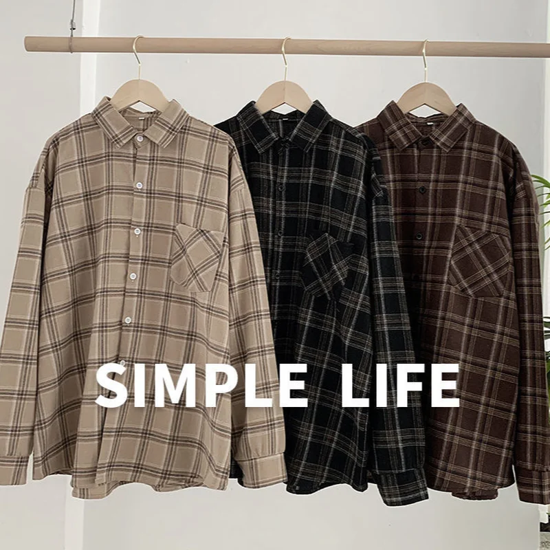 

Plaid Shirt Women Oversize Blouse Long Sleeve Korean Style Turn-down Collar Tops Female Casual Outwear All-match Blusas Femme