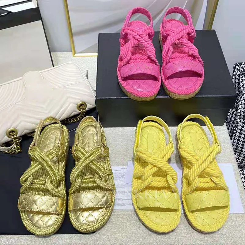 

Flat sandals women summer new hemp rope weaving platform sandals solid color beach leisure vacation seaside shoes 2021
