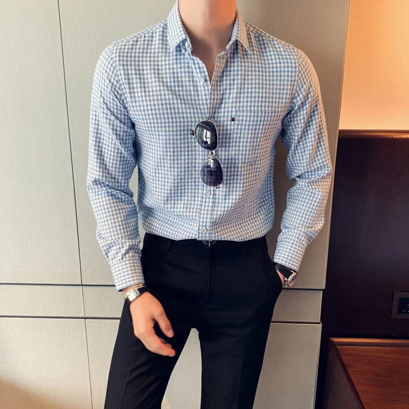 Мужская клетчатая рубашка Повседневная Свободная серого зеленого синего цветов