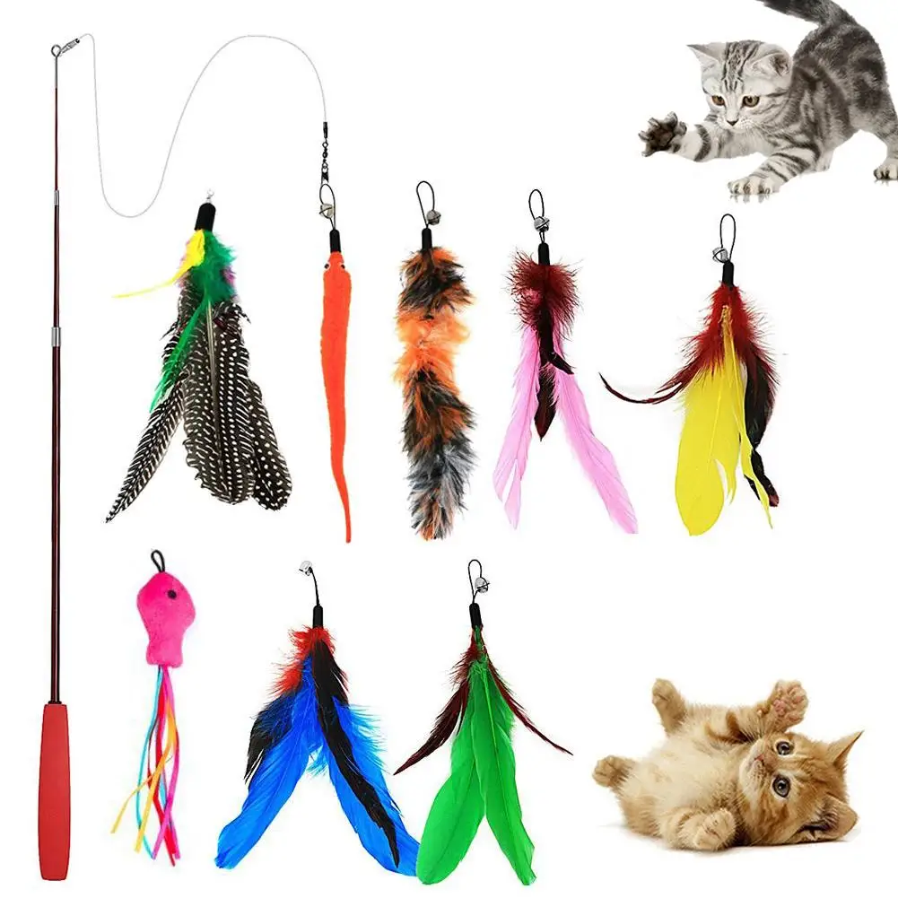

9Pcs/set Pet Cat Toy Teaser Bell Feather Stretch Fishing Rod Play Wand Interactive Toys Pets Accessories Replacement Heads Set