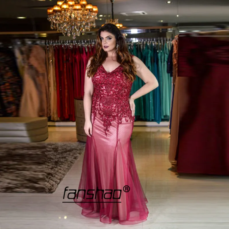 

Long Elegant Burgundy Plus Size Evening Dress V Neck Mermaid Applique Illusion Dubai Formal Arabic Party Evening Gown Prom Dress