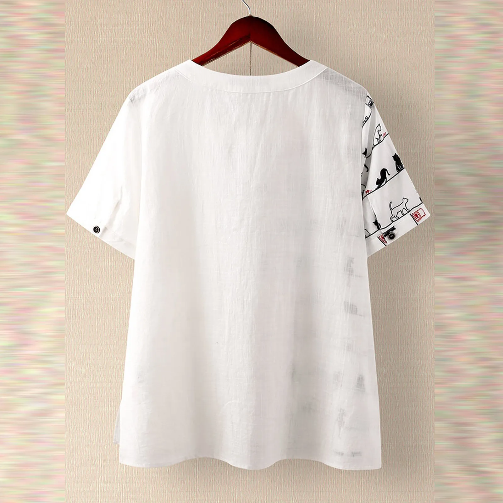 

Plus Size Cat Print Blouse Women Short Sleeve Round Neck Button Shirt Loose Oversize Tunic Tops Blouse Camisa