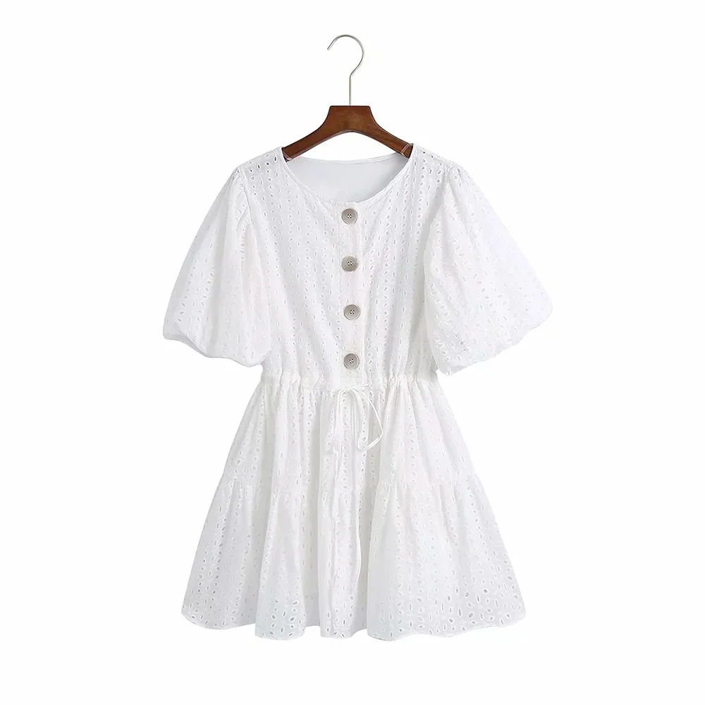 

BBWM 2021 New Summer Women Vintage White Hollow Out Dress Female Button Decoration Casual Fashion Slim Short Sleeve Mini Dresses
