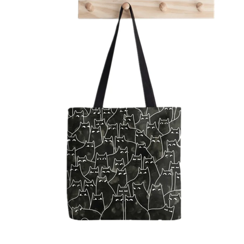 

2021 сумка-шоппер с рисунком подозрительных линейных кошек, женская сумка-тоут в стиле Харадзюку, Женская холщовая сумка-шоппер на плечо