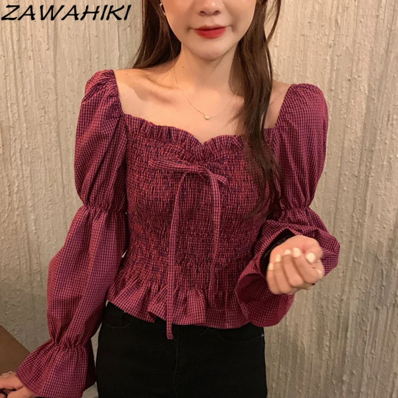 

Винтажные женские рубашки zawхитk, эластичная женская блузка на шнуровке, весна 2021, модные рубашки с квадратным воротником и пышными рукавами...