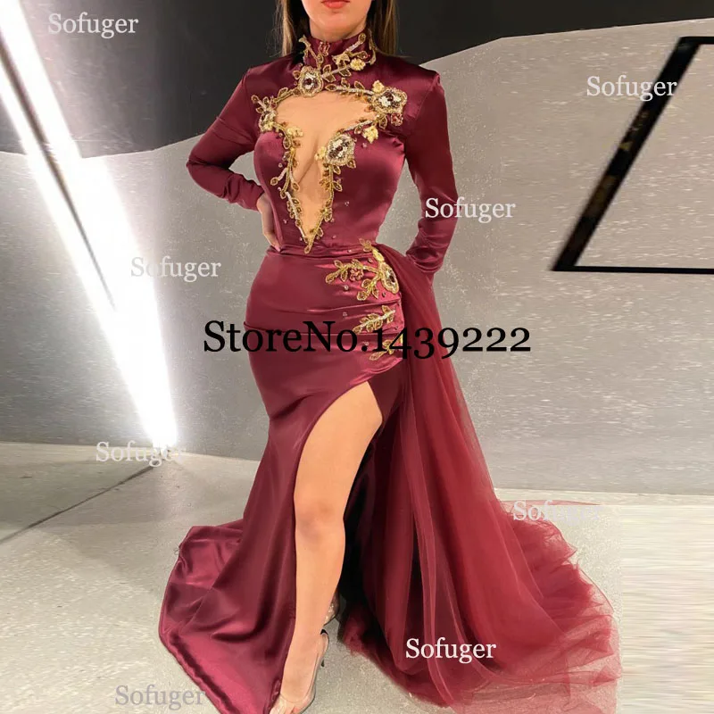 

Elegant Burgundy Long Sleeves Evening Dresses Appliques Beads Saudi Arabic Special Occasion Robe De Soiree Formal Prom