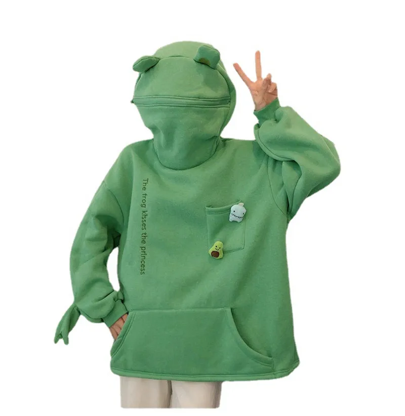 

2021 autumn and winter new plus size couples Harajuku style frog plus velvet thick hooded sweater ins loose jacket