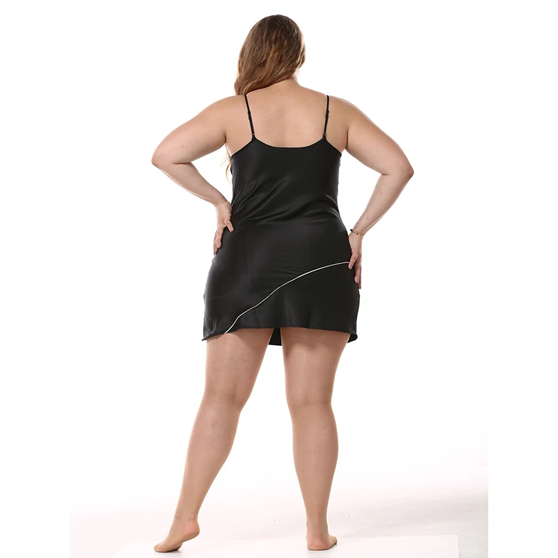 Black Satin Silk Nightdress Women's Big Size Imitation Silk Nightgowns Sexy V-Neck Sling Short Sleeping Dress Fat MM 3303