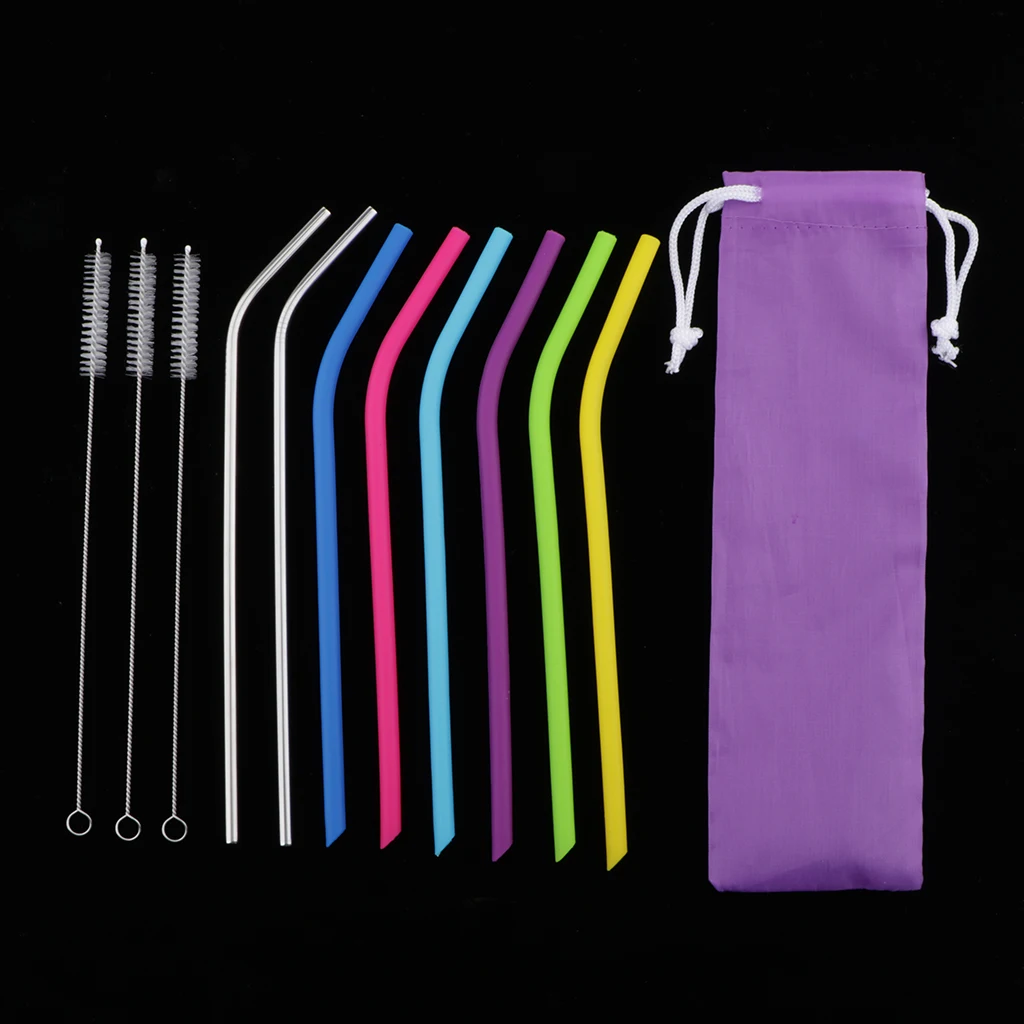 

Premium Bent Drinking Straws 6pcs Silicone 2pcs Stainless Steel 3pcs Brush