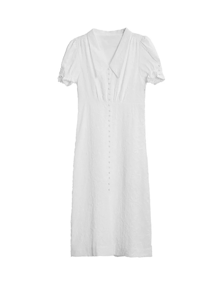 

Jiuwu 2020 women's summer new white Lapel bubble sleeve dress French retro Chiffon A-line mid length skirt