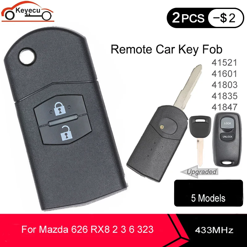 Обновленный раскладной 2-кнопочный дистанционный ключ KEYECU 433 МГц 4D63 для Mazda 626 RX8 2 3