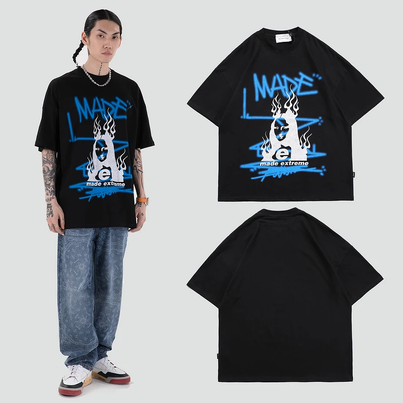 

ELKMU Oversize T-shirt Mona Lisa Print Hip Hop Streetwear Short Sleeve Tshirts Summer Streetwear Tops Tees Shirts Male HE787