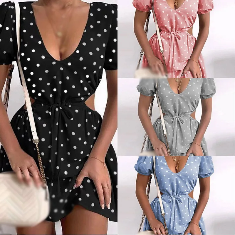 

Dot Print Retro Casual V-Neck Waist Side Cutout Design Fashion Commuter Sexy Party Wear Waist Slim Mini Dress Women Summer