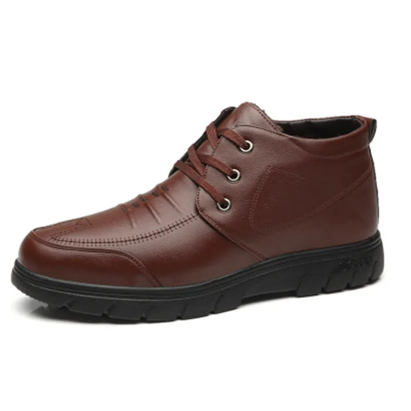 Ботинки мужские однотонные кожаные теплые водонепроницаемые ботильоны с