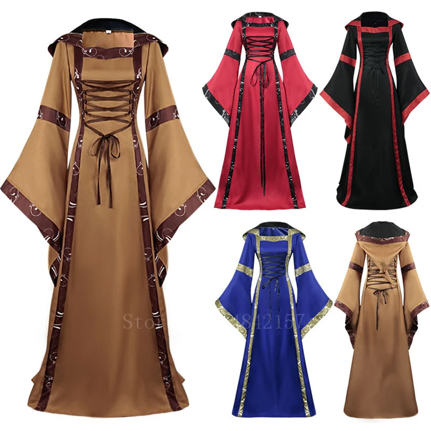 

Medieval Vintage Woman Princess Dress Halloween Cosplay Hooded Bell Sleeve Palace Party Carnival Middle Ages Bandage Vestido