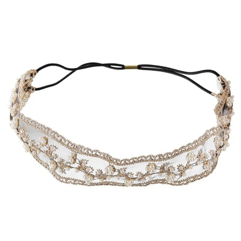 

Trendy Lace Headbands With Pearl Beaded For Women Korean Beige Elastic Ribbon Flower Style Non-slip Hair Bands Bridal Headwear