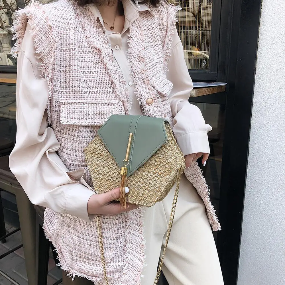 Шестигранная многостильная соломенная и кожаная Сумочка для женщин плетеная