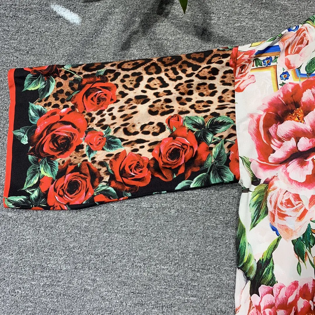 

AELESEEN Runway Fashion Women Shirt Dress 2021 Spring Designer Loose Style Rose Leopard Pritn Wiht Beading Belt Irr