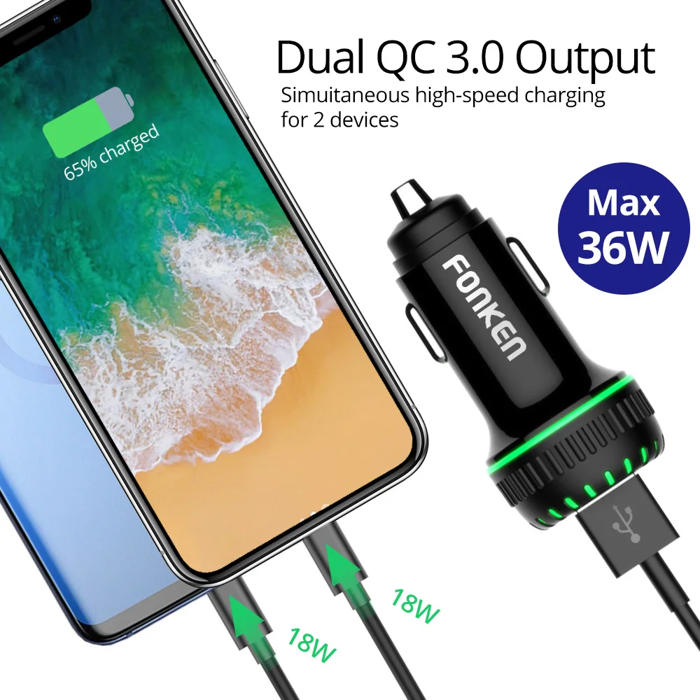 Автомобильное зарядное устройство FONKEN USB quick charge 3,0, адаптер для мобильного телефона, двойной USB, быстрая зарядка, зарядное устройство для samsung, huawei, xiaomi
