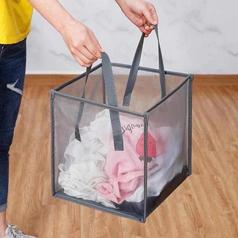 

Laundry Cloth Basket Folding Breathable Washable Net Grid Collapsible Clothes Hamper with Portable Strap
