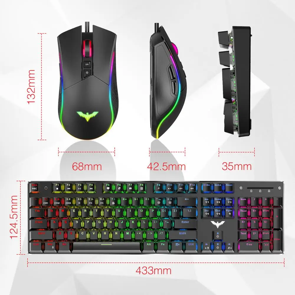 

Havit Gaming Mechanical Keyboard and Mouse Combo 4800DPI 7 Button Mouse Wired, Blue Switch 104 Keys Rainbow Backlit Keyboards