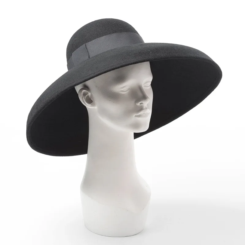 Vintage Luxury Catwalk Black Pure Wool Felt Floppy Hat Wide Brim Women Winter Fedora Cloche Bowler Hat Wedding Party Church Hat