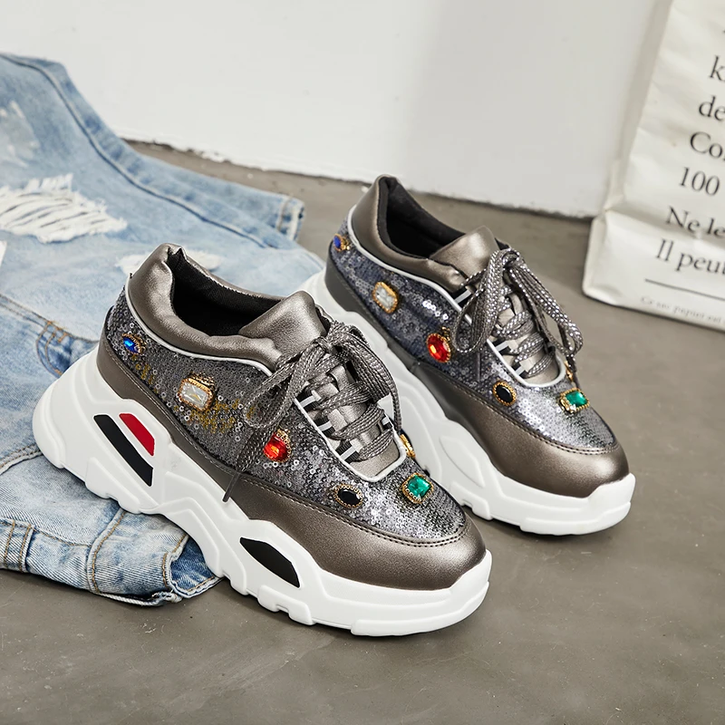 Трендовые женские массивные кроссовки Женская обувь с блестящими драгоценными