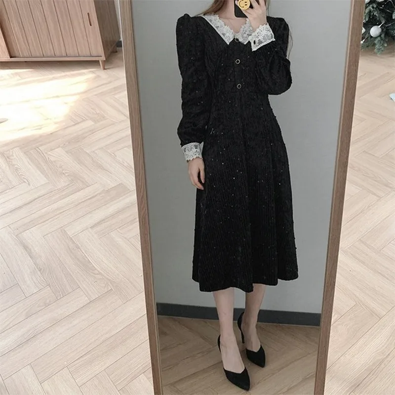 

Elegant Lace Patchwork Hook Flower Dress Women High Waist Hip A Line Vestidos Turn Down Collar Long Sleeve Robe Slim