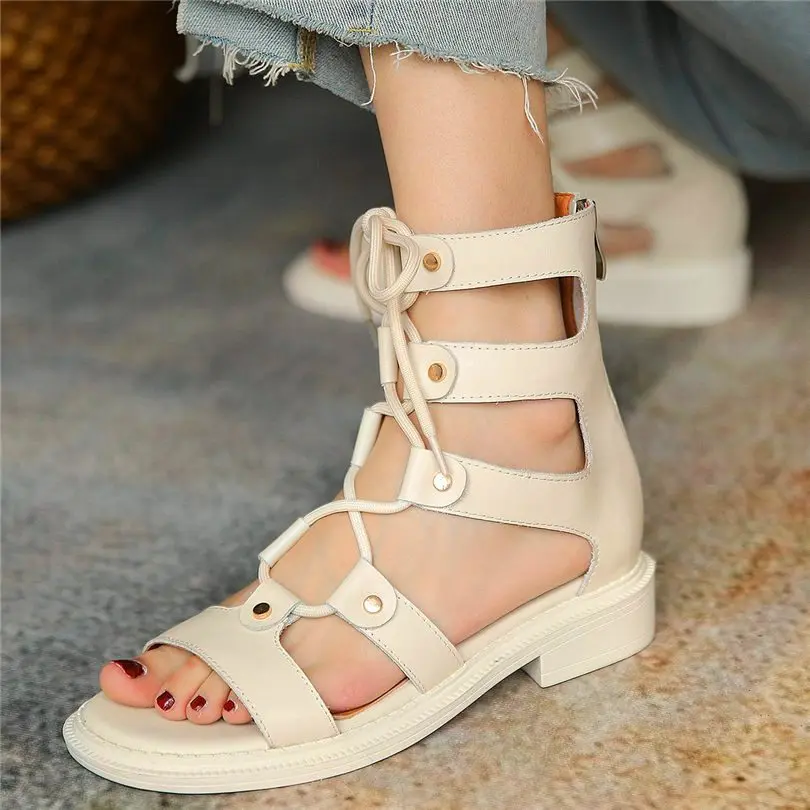 

Women's Strappy Cow Leather Gladiator Sandals Flat Heel Summer Ankle Boots Rivets Studded Casual Party Shoes