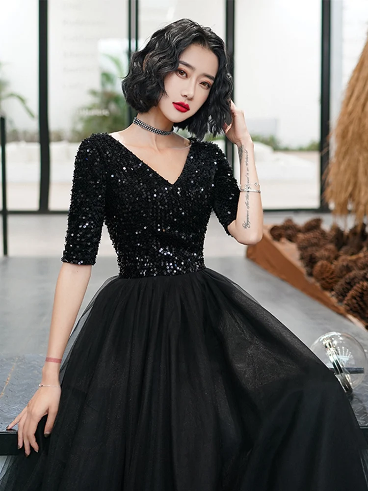 Женское вечернее платье с блестками AE754 черное элегантное длинное V-образным
