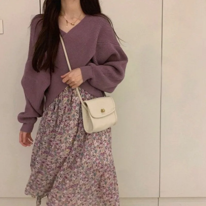 

Women Sets 2 Pieces Outfits Purple Knitted Sweaters Sleeveless Floral-printed Dress Sweet Lovely Elegant Soft Lady Vintage Chic